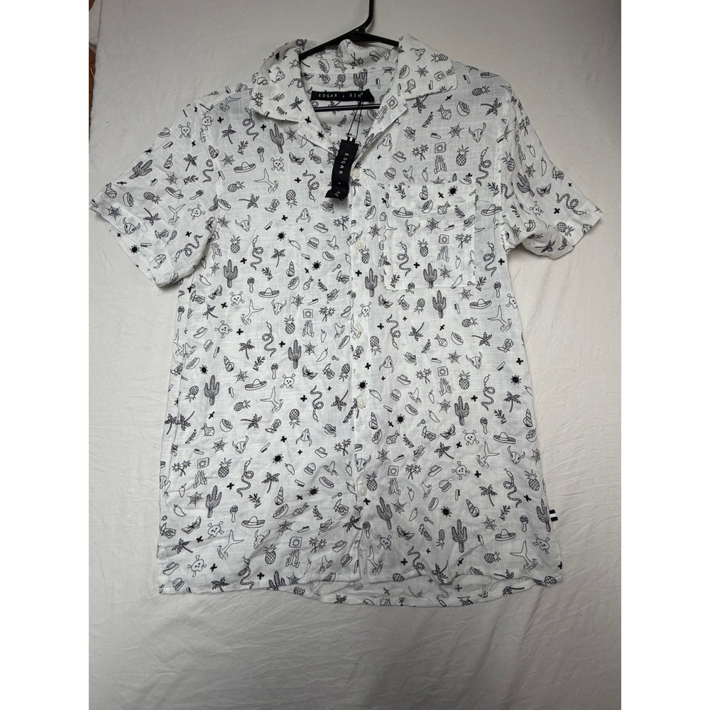 Edgar + Ash Mens Small White Black Doodle Print Short Sleeve Button Down Shirt